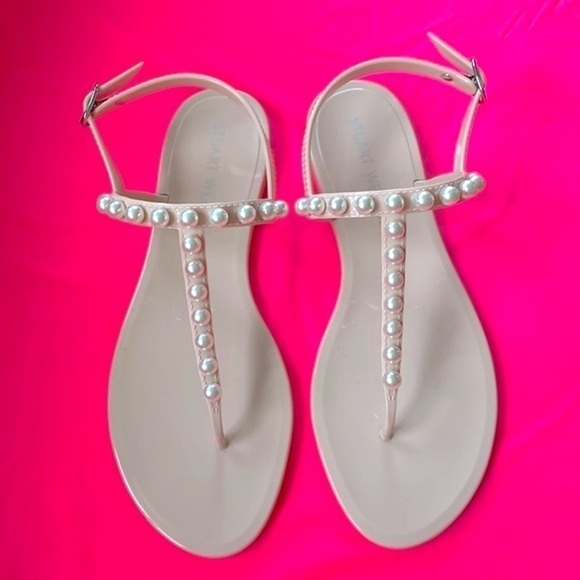 Brand New Stuart Weitzman Goldie Pearly Stud Jelly Sandals Ankle Strap Neutral - Picture 2 of 12